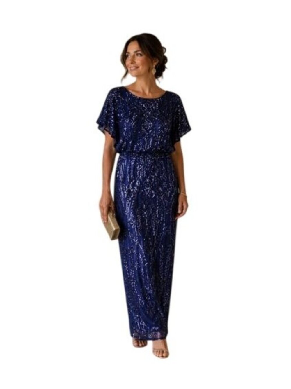 Alex Evenings Navy Blue Sequin Gown Flutter Sleeve Size 6 Formal MSRP $259